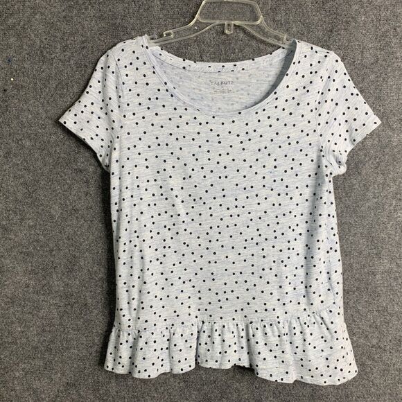 Talbots Linen Blend Knit Top Women M Ruffle Hem Cap Sleeve Polka Dot Blue - Picture 1 of 12